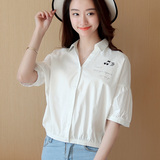 2016款夏韩版时尚短款短袖半袖修身衬衫女 灯笼袖V领收腰衬衣女潮