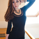 韩国莫代尔圆领长袖T恤女装秋季修身显瘦长款打底衫纱网透视 上衣