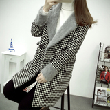 2015冬季新款韩版女装通勤长袖中长款口袋格子双排扣直筒毛呢外套