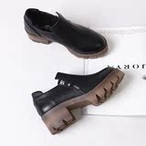 2016新款女鞋 黑色街头百搭时尚潮鞋 侧拉链中跟厚底粗跟单鞋