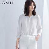 Amii2016春夏新款小立领长袖白衬衫女 秋百搭大码雪纺衫舒适垂感
