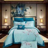 纯棉四件套蓝白色民族风刺绣床上用品中国风1.8米床绣花全棉4件套