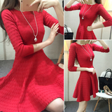 韩国代购2016春季新款女装春装小香风裙子秋冬红色针织打底连衣裙