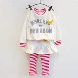 2015春装新儿童韩版 字母条纹棒球服外套加假两件裙裤套装女童装
