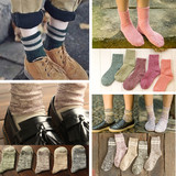 日系秋冬复古粗毛线袜子女加厚两条杠羊毛袜中筒堆堆袜韩国短靴袜