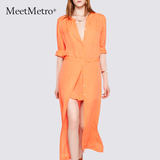 MeetMetro2016夏季新款欧美女装气质V领雪纺长裙两件套开叉连衣裙