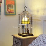 美式复古铁艺鸟笼造型台灯/树脂小猫装饰挂灯/欧式创意吊灯摆件