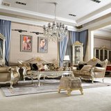时尚欧式新古典家具雕花贴金银箔高档后现代实木真皮宵布结合沙发