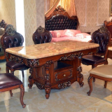 天然大理石餐桌 美式方桌长方形欧式餐桌椅组合6人实木雕花1.8米