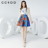 CCDD2016春秋新款专柜时尚撞色印花工字褶皱半身中裙A字裙