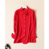 如此正点的红色衬衫！~春夏女款新品~领口绑带双绉真丝衬衫~夏促