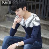 夏秋季男装V领长袖T恤青少年韩版修身纯色棉体恤男士潮流拼接衣服
