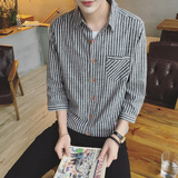 BWXD秋装新品韩版修身型七分袖衬衫男士竖条纹衬衣日系青少年寸衫