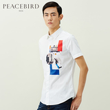 太平鸟男装短袖衬衫 夏白色印花新款修身时尚衬衣男 B1CC52808