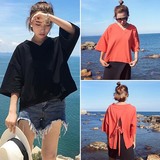 女装夏装2016新款纯色后背镂空系带性感上衣韩版V领中袖t恤女学生