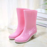 韩国夏季坡跟中筒马丁成人防水雨鞋女中跟雨靴防滑粉色水鞋水靴