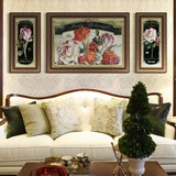 美式沙发三联画古典复古风格装饰画沙发背景墙挂画仿古中式郁金香