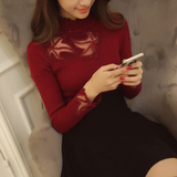 2015秋冬新款女装韩版蕾丝拼接弹力针织打底衫荷叶边领修身毛衣女