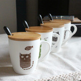 绿枫叶陶瓷水杯子卡通马克杯简约木盖咖啡杯牛奶茶杯办公室送勺