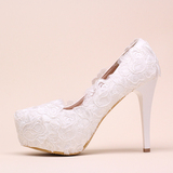 白色蕾丝花朵婚鞋细跟浅口新娘鞋超高跟防水台礼服鞋圆头女单鞋子