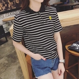 韩版夏季学生显瘦百搭宽松黑白色横条纹翻领短袖t恤女韩国polo衫