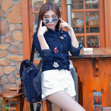 学院风2016新款春秋女装 韩版修身显瘦贴标中长款牛仔衬衫女衬衣