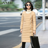 Amii旗舰店冬新款艾米圆领侧拉链口袋大码长款修身羽绒服外套女