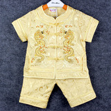 夏季短袖宝宝龙袍刺绣双龙透气太子装男童周岁礼服民族风儿童唐装