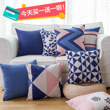 北欧宜家简约现代风格蓝色几何抽象棉麻抱枕客厅沙发靠垫靠枕套