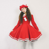 ●原创设计●小红帽—复古可爱时尚连衣裙羊毛大红毛领秋冬新款●