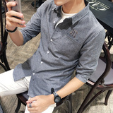 夏季潮流休闲5分袖短袖衬衫男士中袖竖条纹衬衣韩版修身型英伦薄