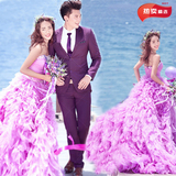 2016新款韩版紫色抹胸长拖尾婚纱影楼主题服装唯美情侣写真拍照