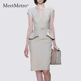 MeetMetro2016夏季新款OL气质V领短袖修身显瘦包臀职业连衣裙中裙