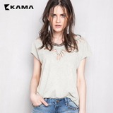 卡玛KAMA 夏季女装 舒适纯棉性感镂空V领时尚短袖T恤 7215574