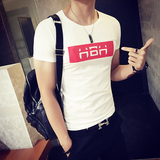 韩版男士t恤流行纯色短袖上衣圆领修身青年印花体恤 衣服男夏装