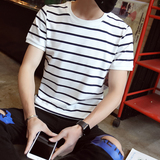夏季新款流行条纹男士短袖T恤 青年韩版纯棉半袖打底衫男装潮体恤