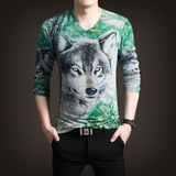 3D动物图案狼印花修身打底衫潮流男装体恤秋季男士针织V领长袖T恤