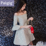 Palglg2016春装新款女装性感露背一字领七分喇叭袖连衣裙短裙礼服