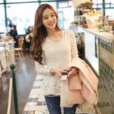 韩国正品2015新款甜美圆领蕾丝打底衫长袖中长款加厚上衣秋冬大码