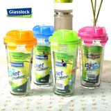 Glasslock快乐扣刻度玻璃水杯带盖透明创意男女儿童便携牛奶杯子