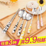 韩式可爱卡通筷子刀叉长柄勺子 冰淇淋勺奶牛纹陶瓷柄不锈钢餐具
