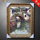 中式装饰油画 小桥 人物风景客厅酒店卧室数字油画挂画  带框画