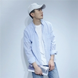 DS原创 韩国立领棉麻衬衣 蓝白条纹 竖条纹修身长袖衬衫 男女同款