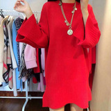 ZARA2015秋装新款喇叭袖中长款红宽松毛衣宽松针织连衣裙套时尚