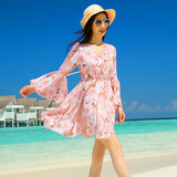 海岛度假裙波西米亚短裙沙滩裙海滩裙雪纺碎花喇叭袖连衣裙夏长袖