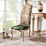 [W]法式新古典欧洲白榉木家具进口绿色布艺提花真皮高靠背餐椅