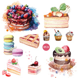78号水彩手绘彩虹纸杯蛋糕马卡龙草莓华夫饼甜点EPS矢量设计素材