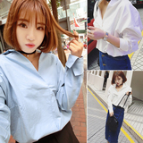 2016春装新款韩版时尚v领长袖白衬衫女宽松打底外穿衬衣女上衣