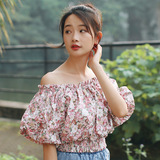 2016夏季女装新品韩版甜美一字领露肩复古碎花灯笼袖上衣短款T恤