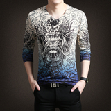 中国风男式V领针织长袖T恤2015秋冬新款印花体恤青年时尚打底衫潮